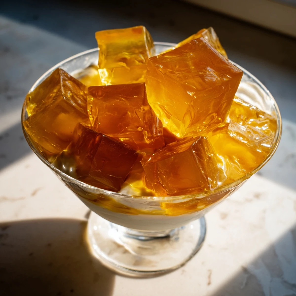 A close-up of coffee jelly cubes glistening and suspended in sweetened cream inside a glass, garnished with cocoa powder.