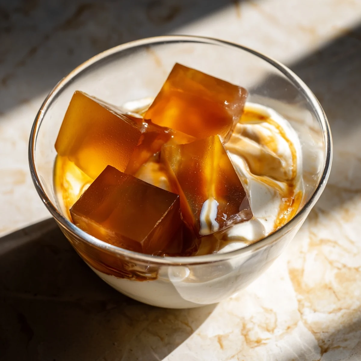 Chilled coffee jelly cubes with soft texture sit beside a bowl of whipped cream for a refreshing Japanese dessert.