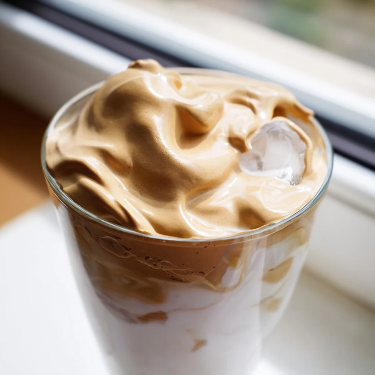 Creamy whipped Dalgona coffee floats atop cold milk in a clear glass, topped with a sprinkle of cocoa powder.  