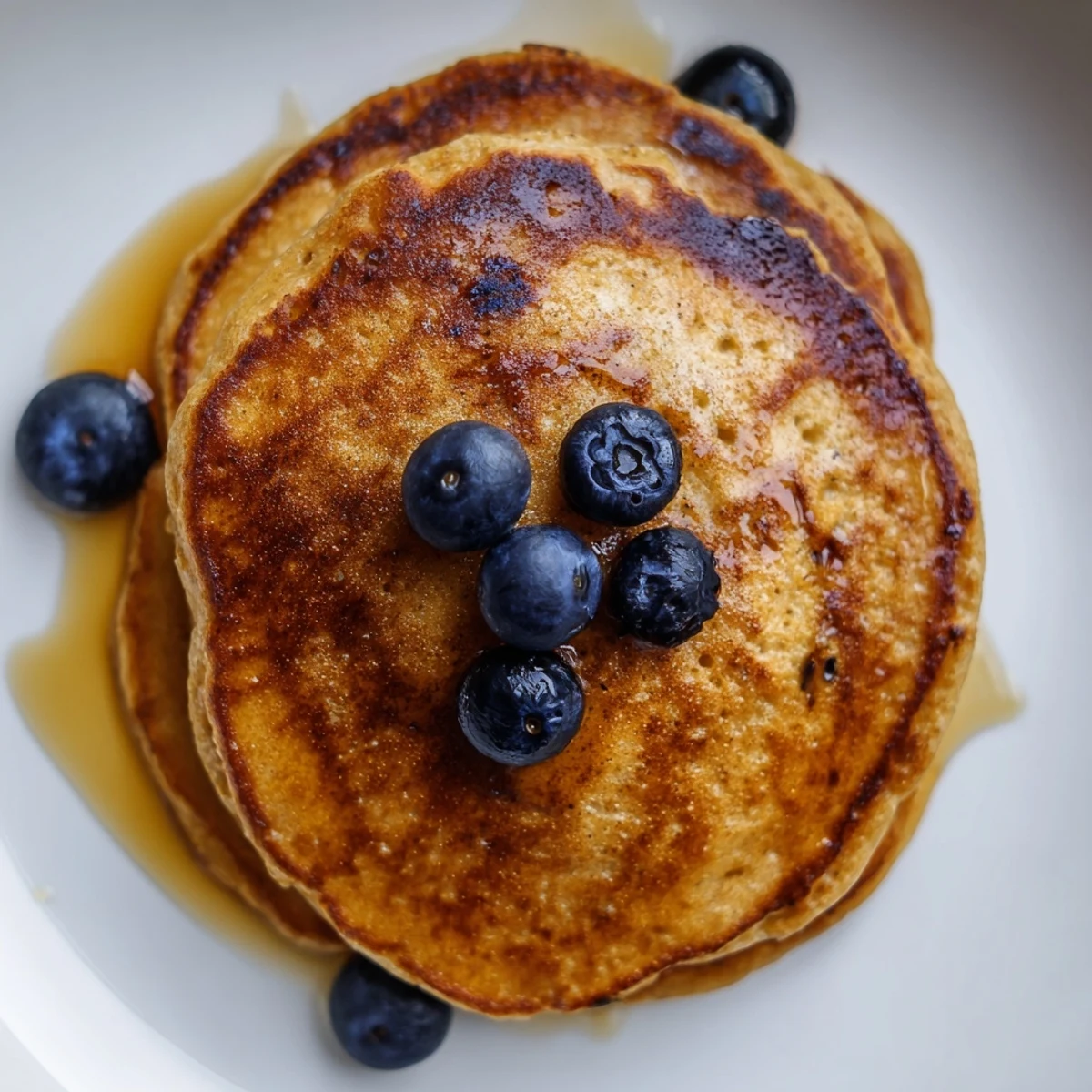 A close-up of tender brown banana pancakes cooking in a skillet, showing the soft, airy texture and bubbly surface ready to be flipped.