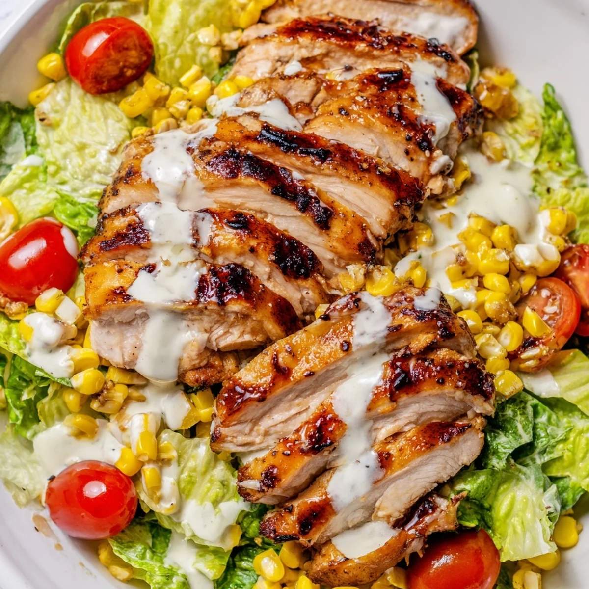 Tender smoky BBQ chicken slices rest atop crisp romaine lettuce, with charred corn, black beans, and creamy ranch drizzle in this hearty BBQ Chicken Salad.