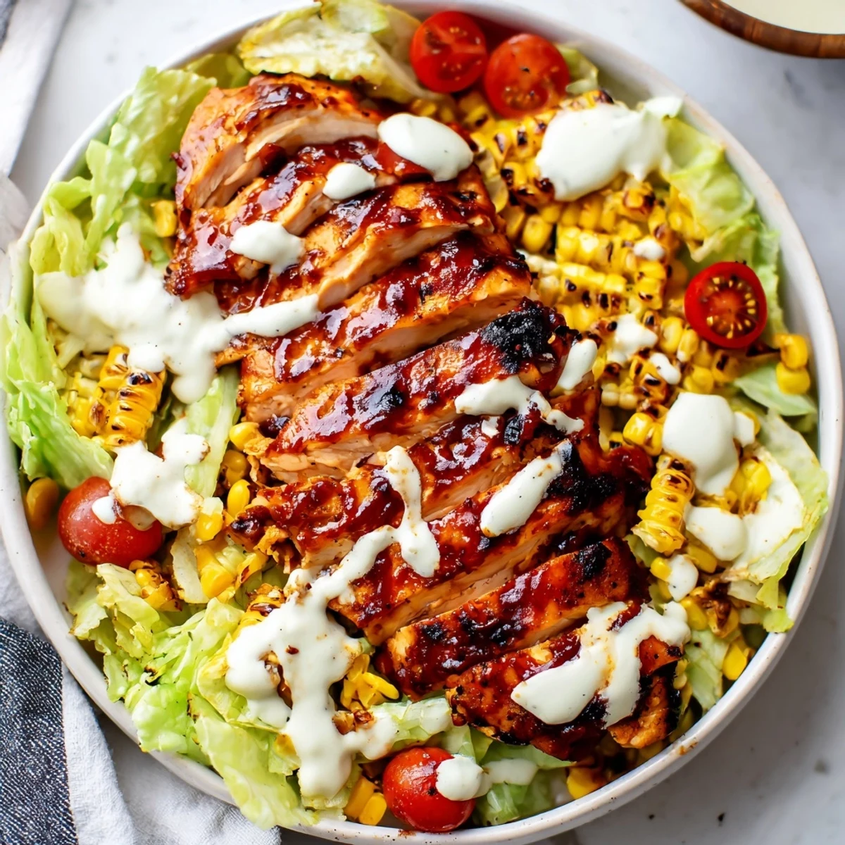 Golden grilled corn and black beans mingle with chopped romaine in this BBQ Chicken Salad, finished with a cool, tangy ranch drizzle and fresh cilantro.