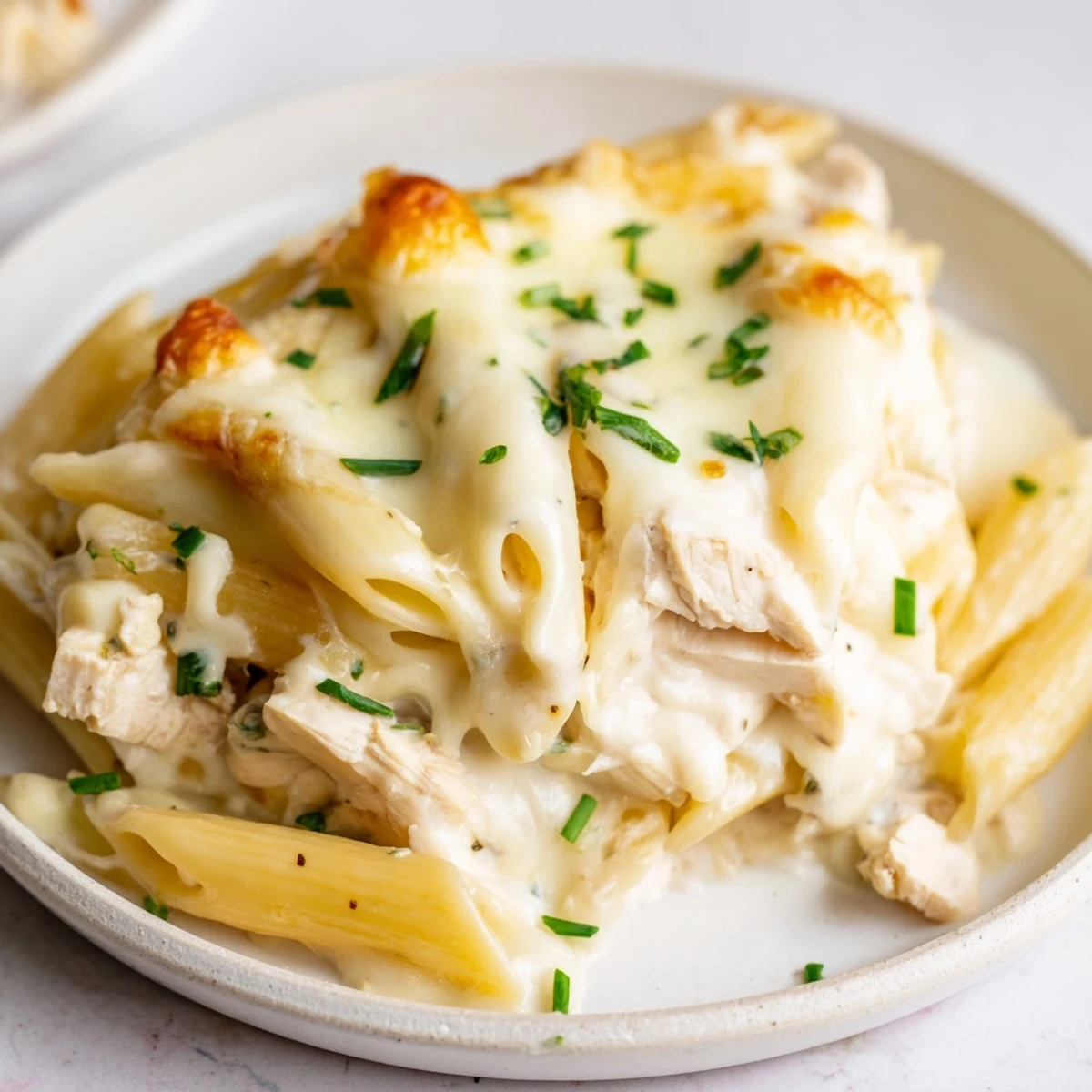 A close-up of the creamy Chicken Ranch Pasta Bake reveals tender penne and shredded chicken coated in a rich, herb-flecked sauce.