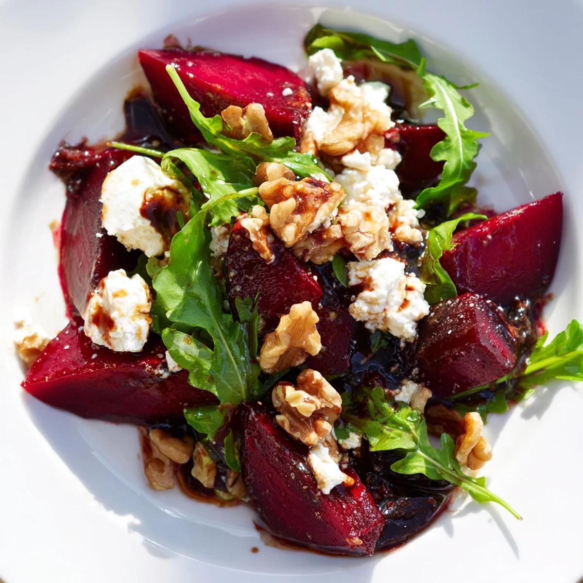 A close-up of Roasted Beet Goat Cheese Salad with ruby-red beet wedges, crumbled cheese, and toasted walnuts on arugula.  