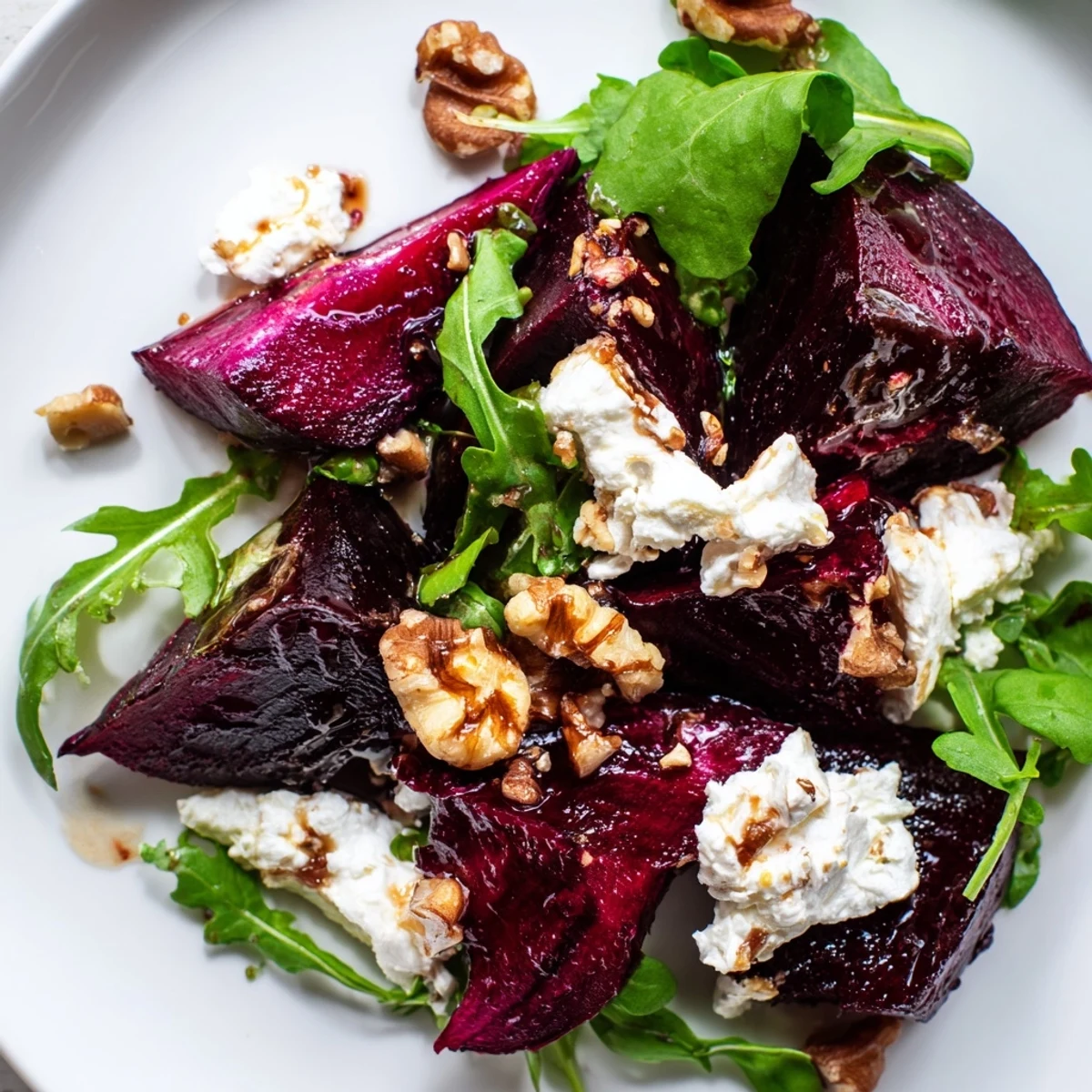 In a white bowl, the Roasted Beet Goat Cheese Salad glistens with a drizzle of balsamic vinaigrette.  