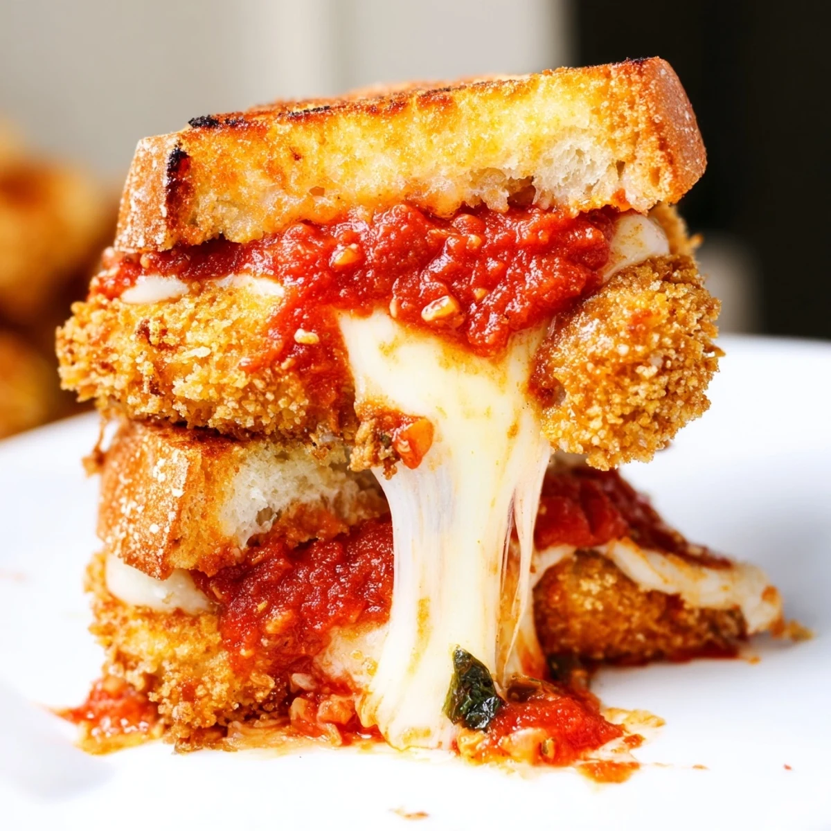 A close-up of Chicken Parm Grilled Cheese, with toasted sourdough and bright marinara sauce dipping out of the sandwich.