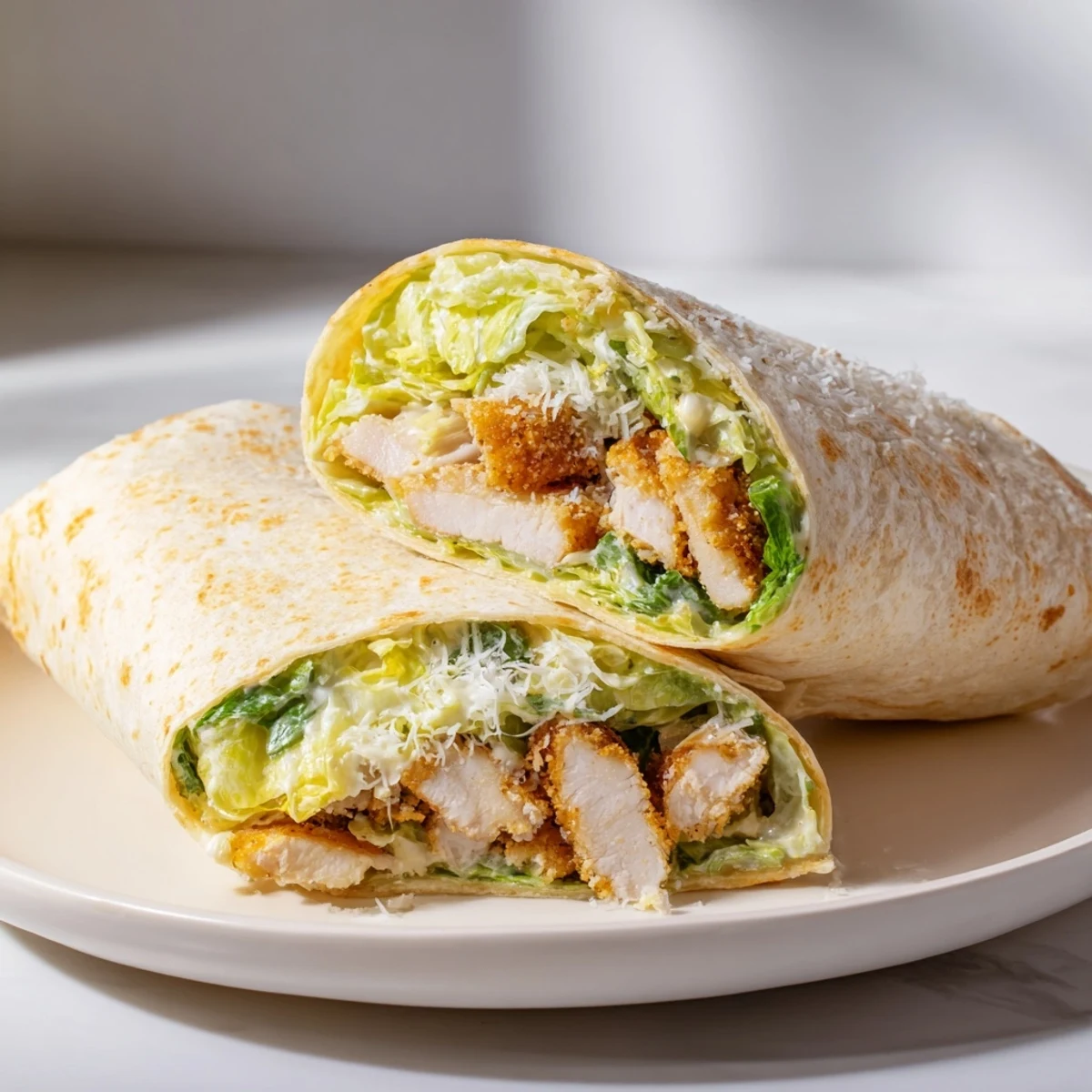 A golden Crispy Chicken Caesar Wrap filled with crunchy romaine, Parmesan, and creamy dressing.  