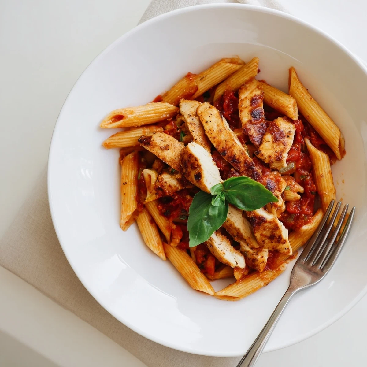 A close-up view of Spicy Tomato Chicken Pasta with penne coated in a vibrant red chili tomato sauce, topped with golden seared chicken strips and fresh basil.