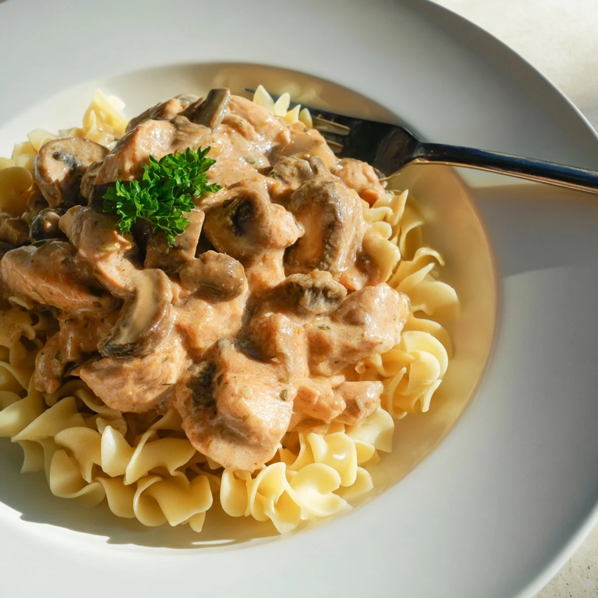 Golden-brown chicken strips and sautéed cremini mushrooms swim in a rich, creamy paprika sauce over tender egg noodles in this Chicken and Mushroom Stroganoff.