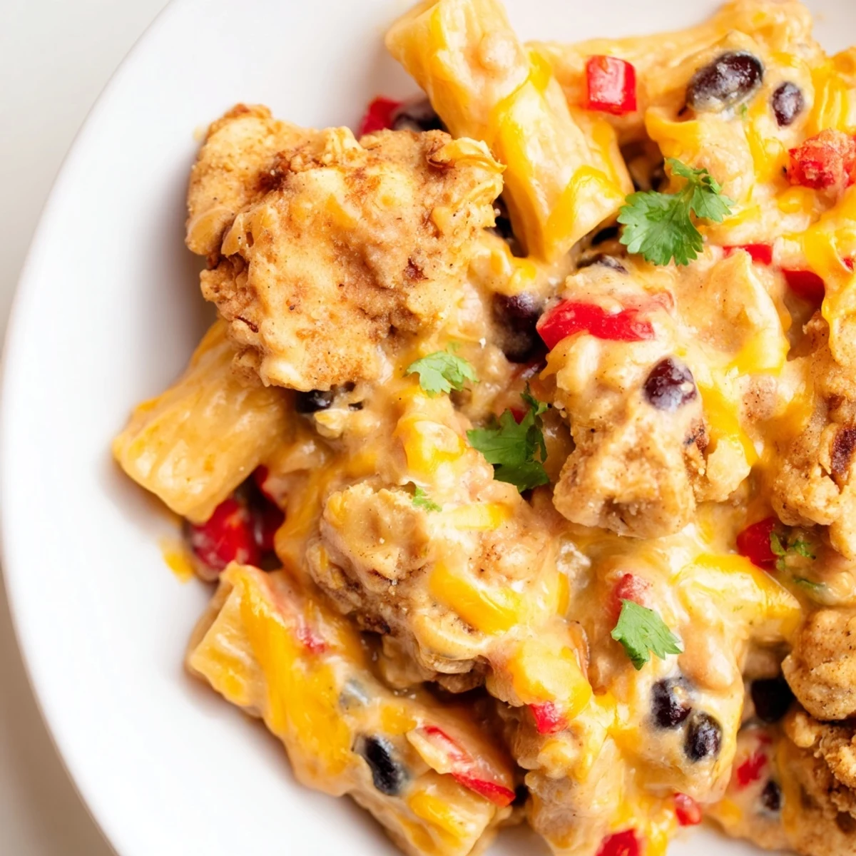 Crispy Chicken Burrito Pasta features golden chicken pieces nestled in cheesy, one-pan Tex-Mex pasta with vibrant bell peppers and onions.