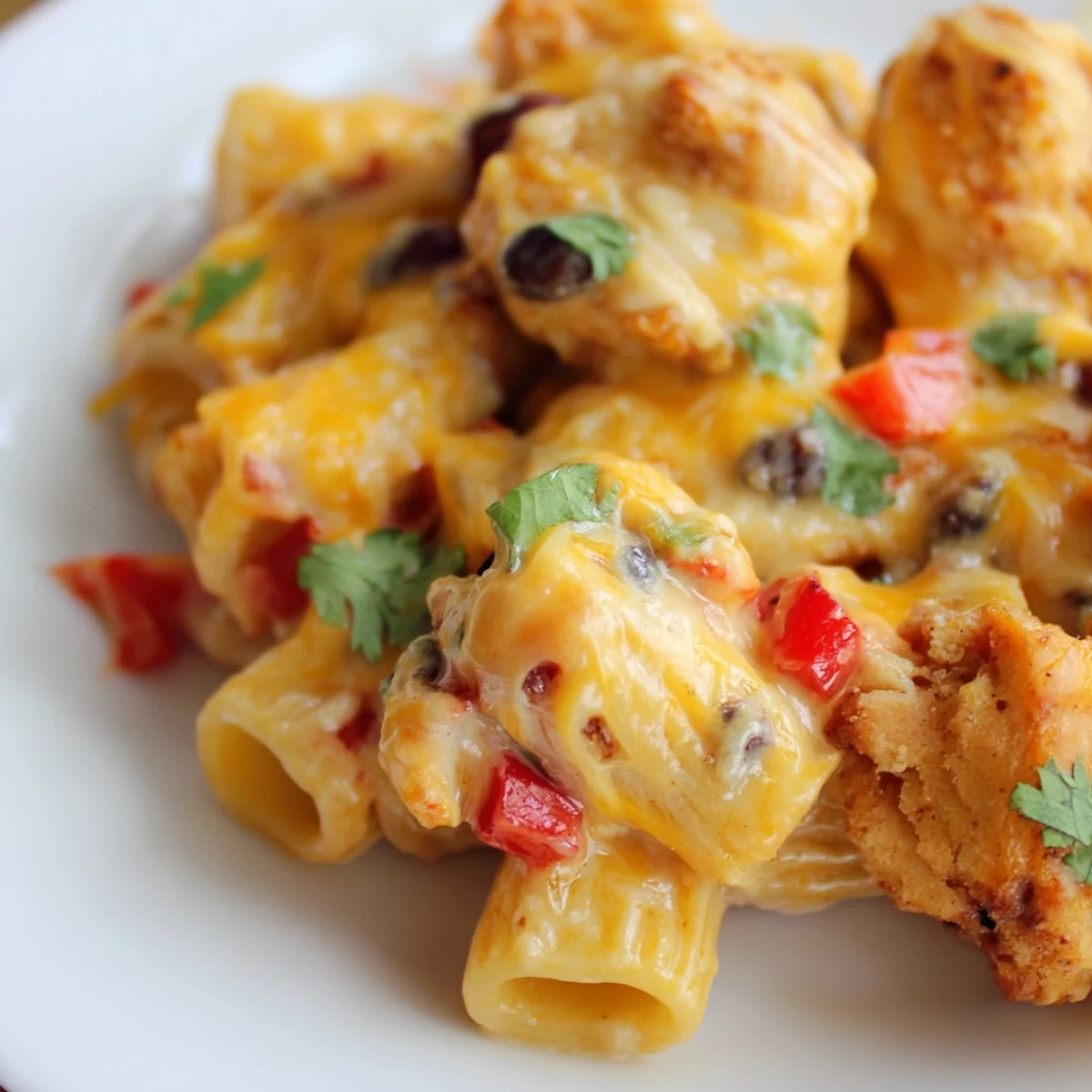 Spoonfuls of Crispy Chicken Burrito Pasta showcase the savory blend of black beans, corn, and tender chicken, garnished with fresh cilantro and lime.