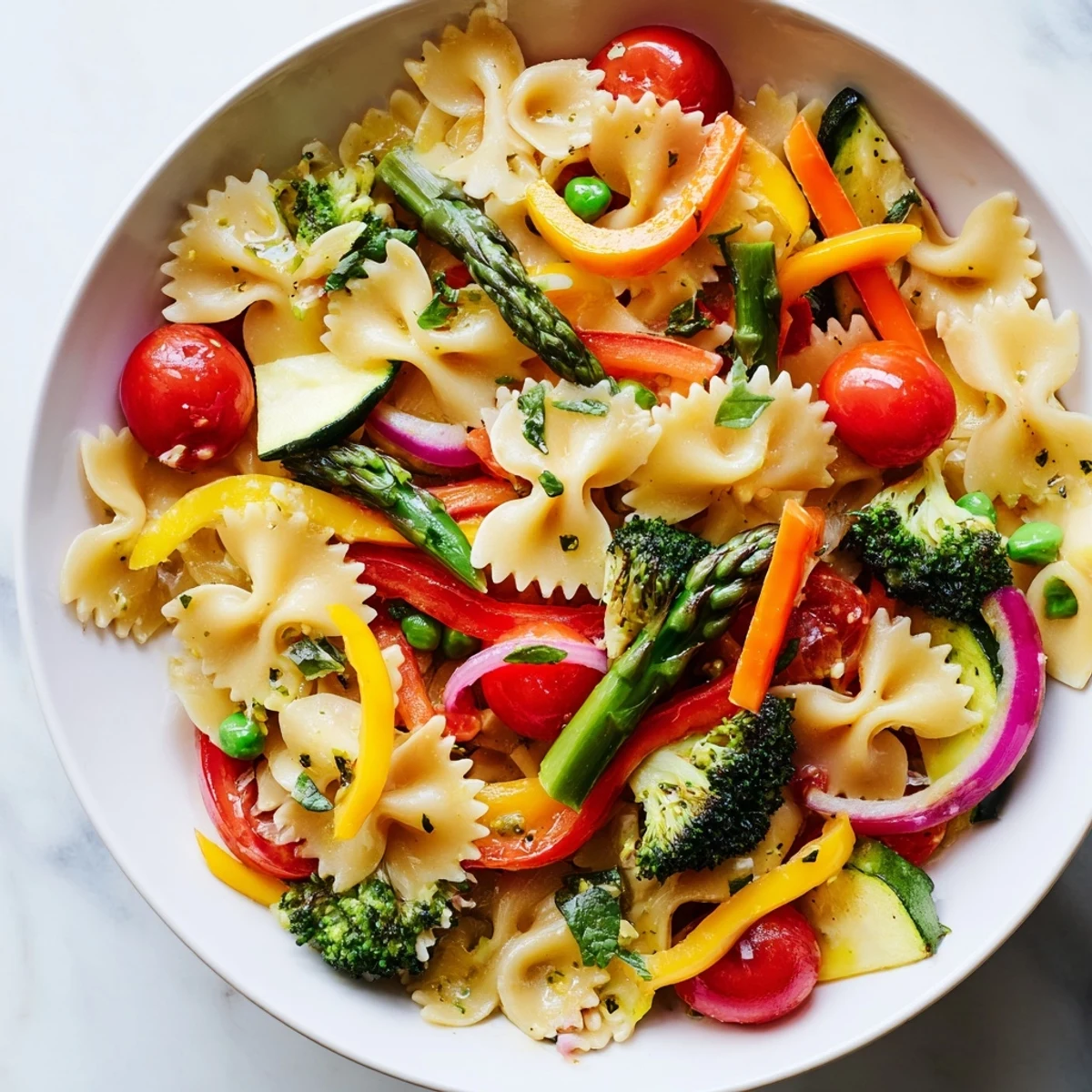 A close-up of Rainbow Veggie Pasta Primavera, highlighting colorful cherry tomatoes, broccoli, and carrots with a light lemon-herb sauce coating the al dente pasta.
