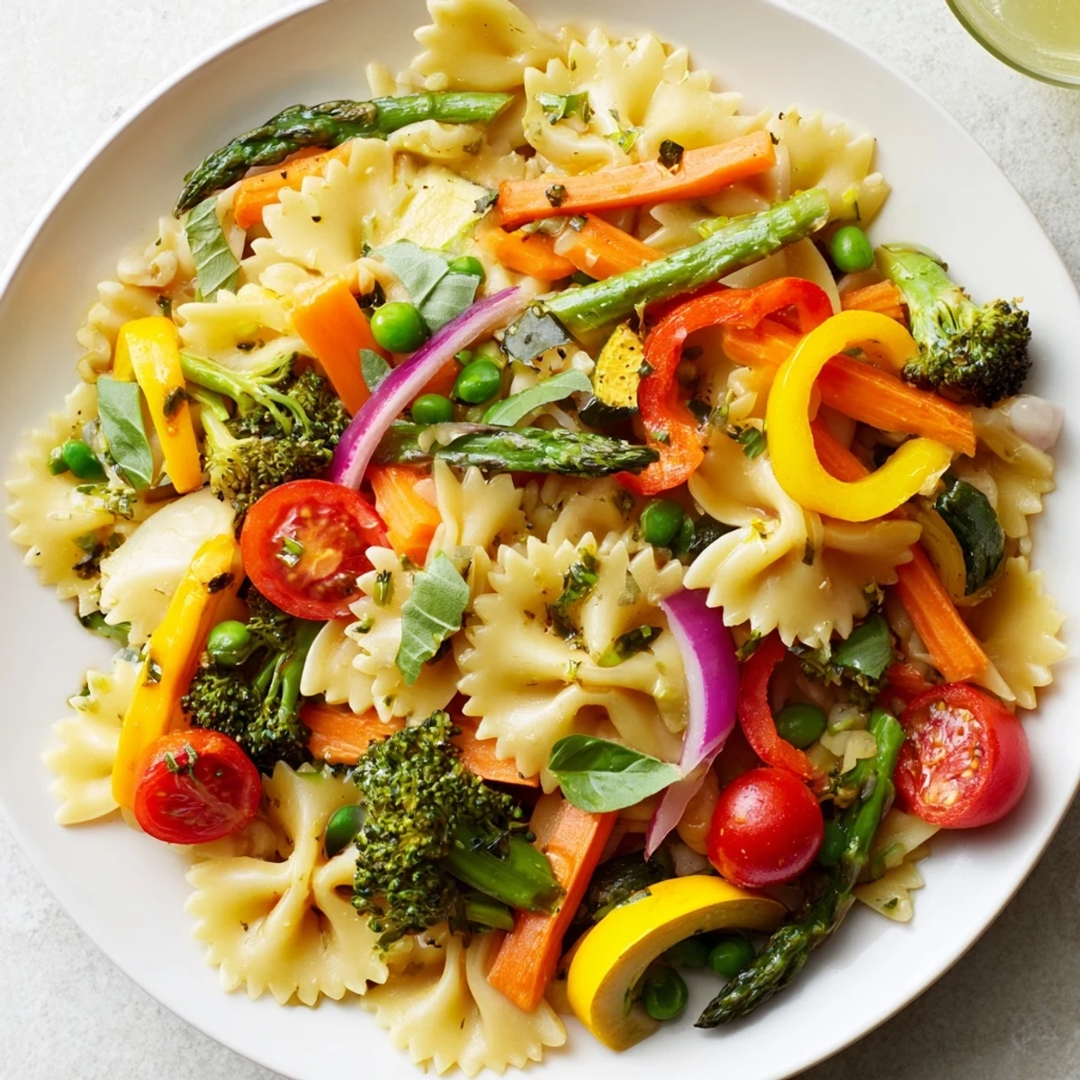 A vibrant Rainbow Veggie Pasta Primavera featuring bow-tie pasta tossed with fresh asparagus, tomatoes, and crisp vegetables in a garlic olive oil sauce.