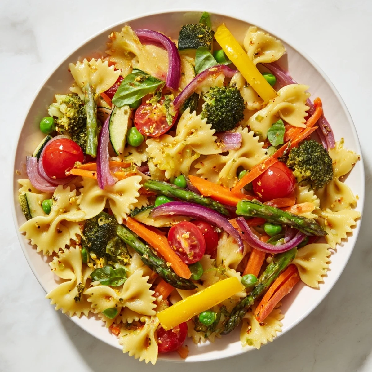 Serving suggestion for Rainbow Veggie Pasta Primavera in a white bowl, garnished with fresh basil and Parmesan, perfect for a healthy vegetarian spring dinner.