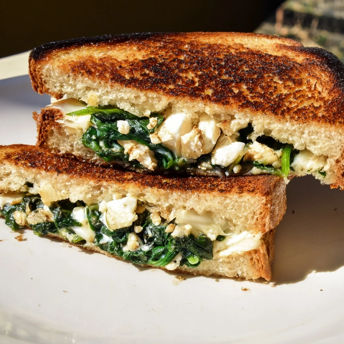 For a comforting meal, serve this Feta & Spinach Stuffed Grilled Cheese alongside a bowl of creamy tomato soup and a crisp green salad.