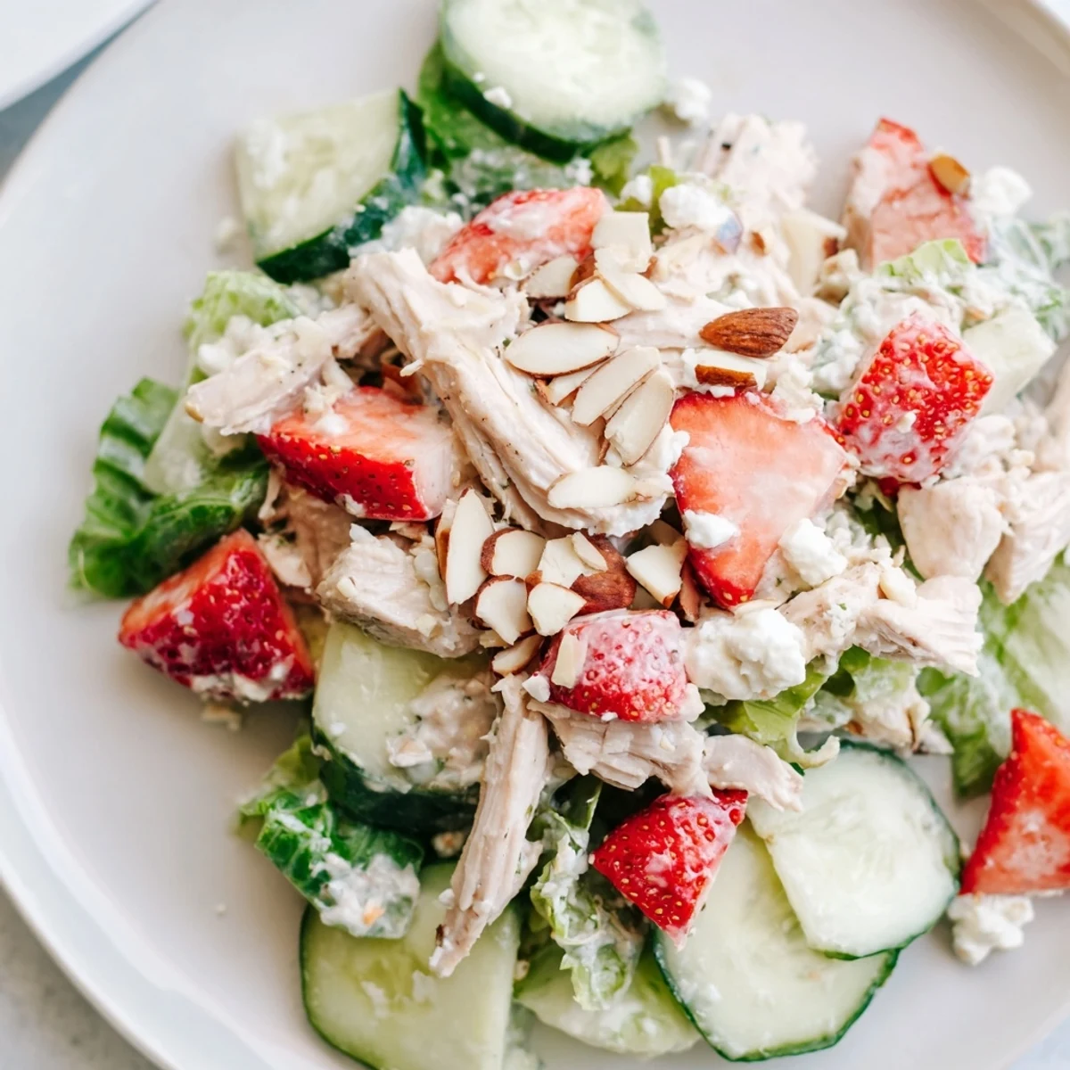 Strawberry Poppy Seed Chicken Salad with shredded chicken, crisp cucumbers, and creamy dressing on a plate.  