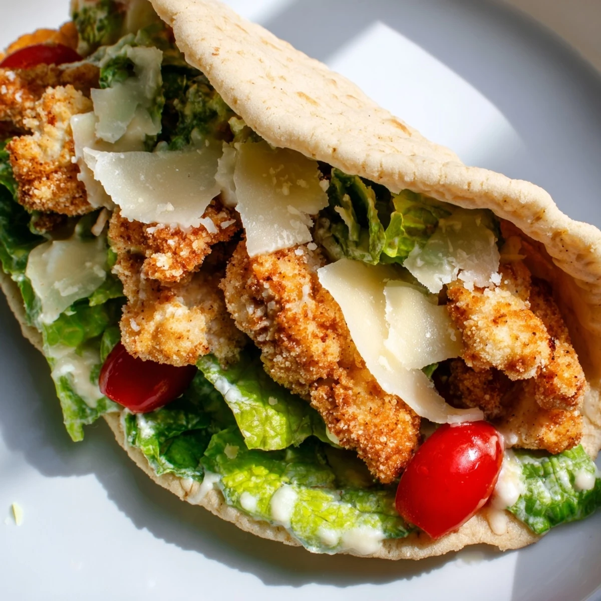 Golden air-fried crispy chicken strips tucked inside a warm pita with creamy Caesar salad.  
