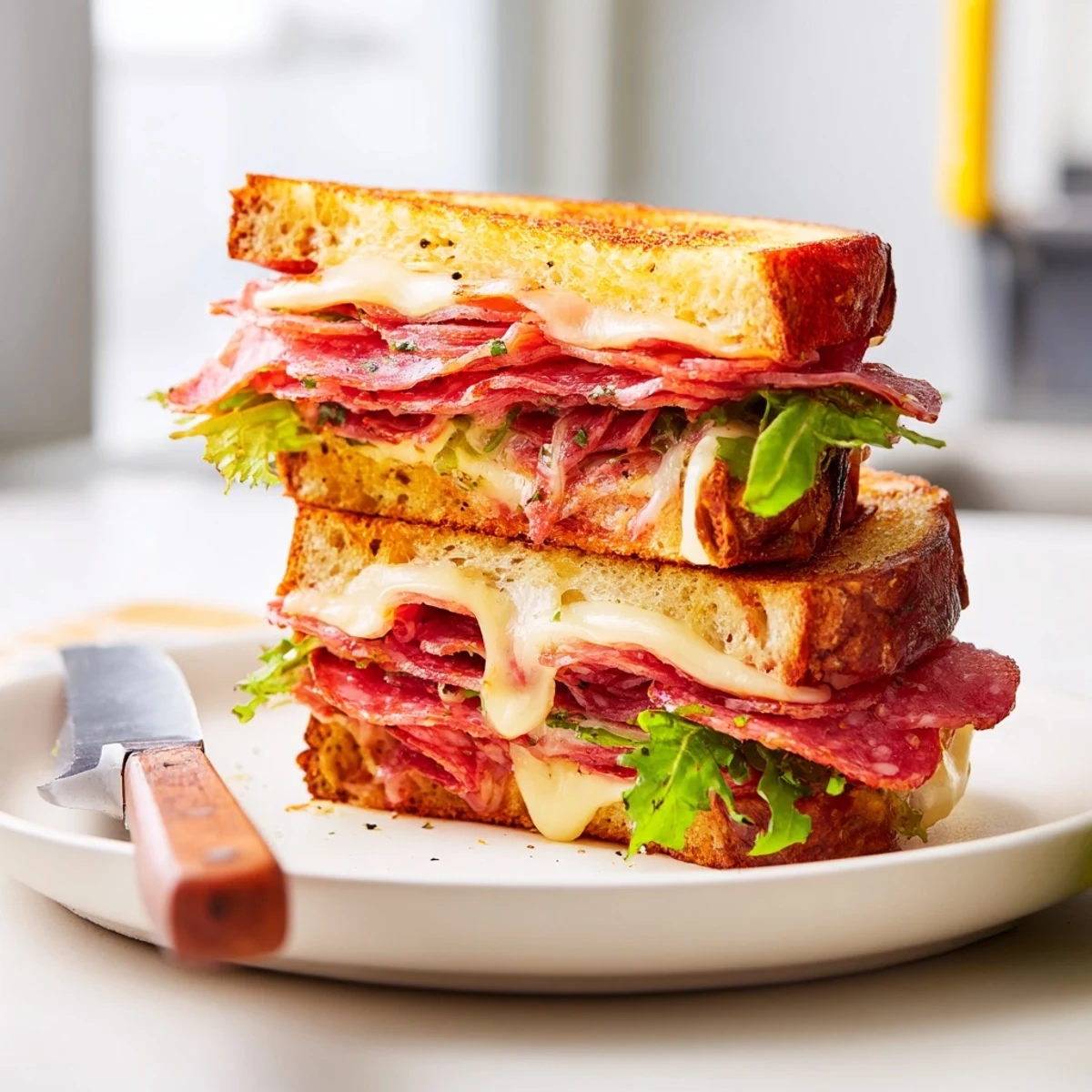 Golden-brown Italian Sub Grilled Cheese sandwich with melted provolone, salami, and pepperoni, served on a wooden cutting board.  