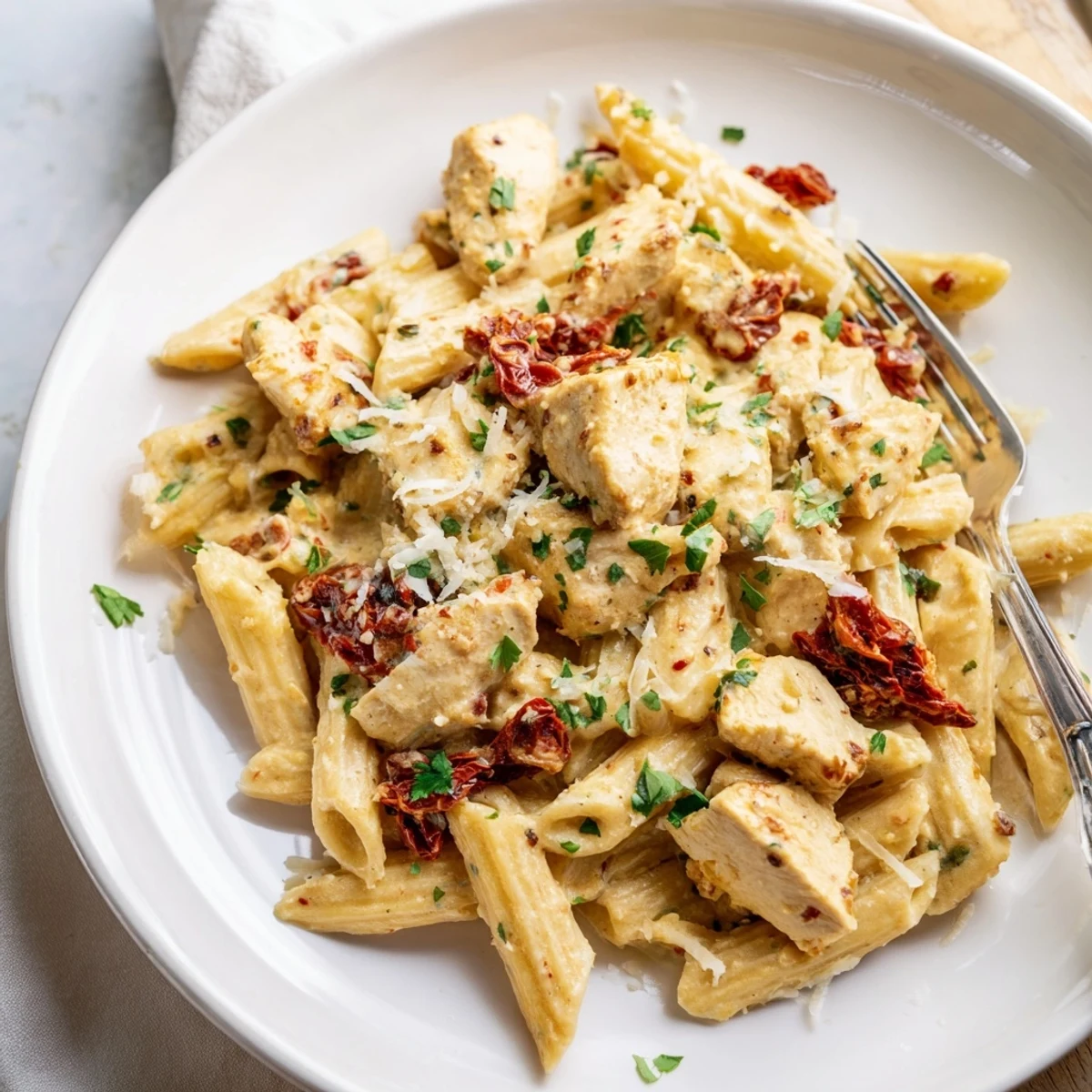 A close-up of Creamy Sun-Dried Tomato Chicken Pasta showing al dente penne coated in luscious sauce and topped with fresh basil and Parmesan.