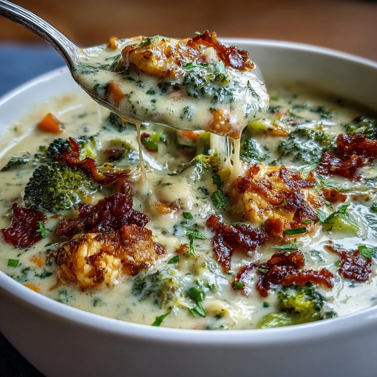 Steam rises from a creamy pot of Chicken Broccoli Cheddar Soup featuring tender chicken pieces and vibrant broccoli florets.