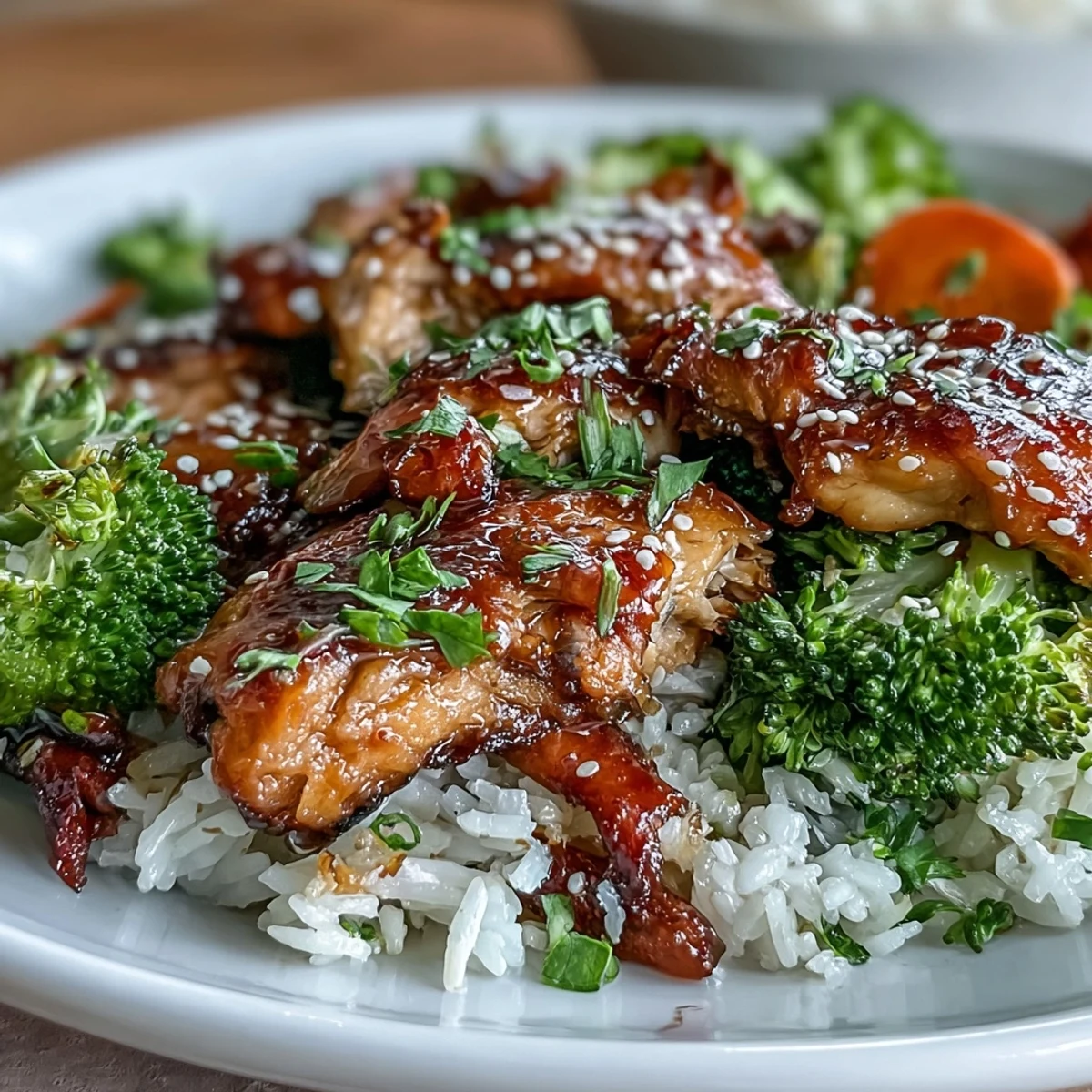 Tender chicken broccoli rice, ready in minutes with a sweet garlic glaze.