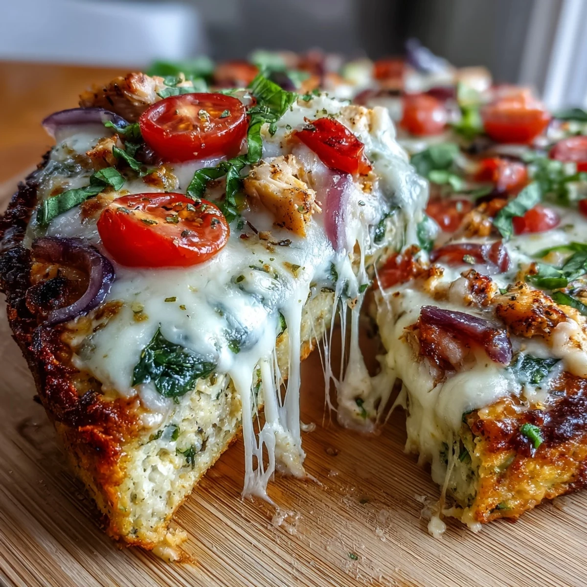 Enjoy this healthy Broccoli Chicken Crust Pizza, oozing with bubbly cheese.