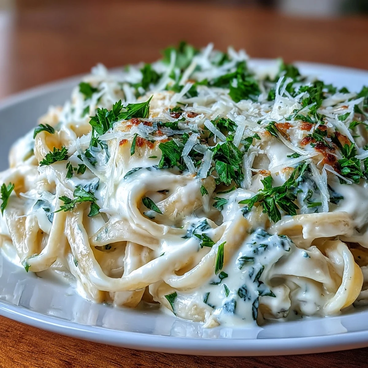 An overhead view of Easy Creamy Cauliflower Alfredo on a plate, featuring velvety sauce and a hint of nutmeg aroma.