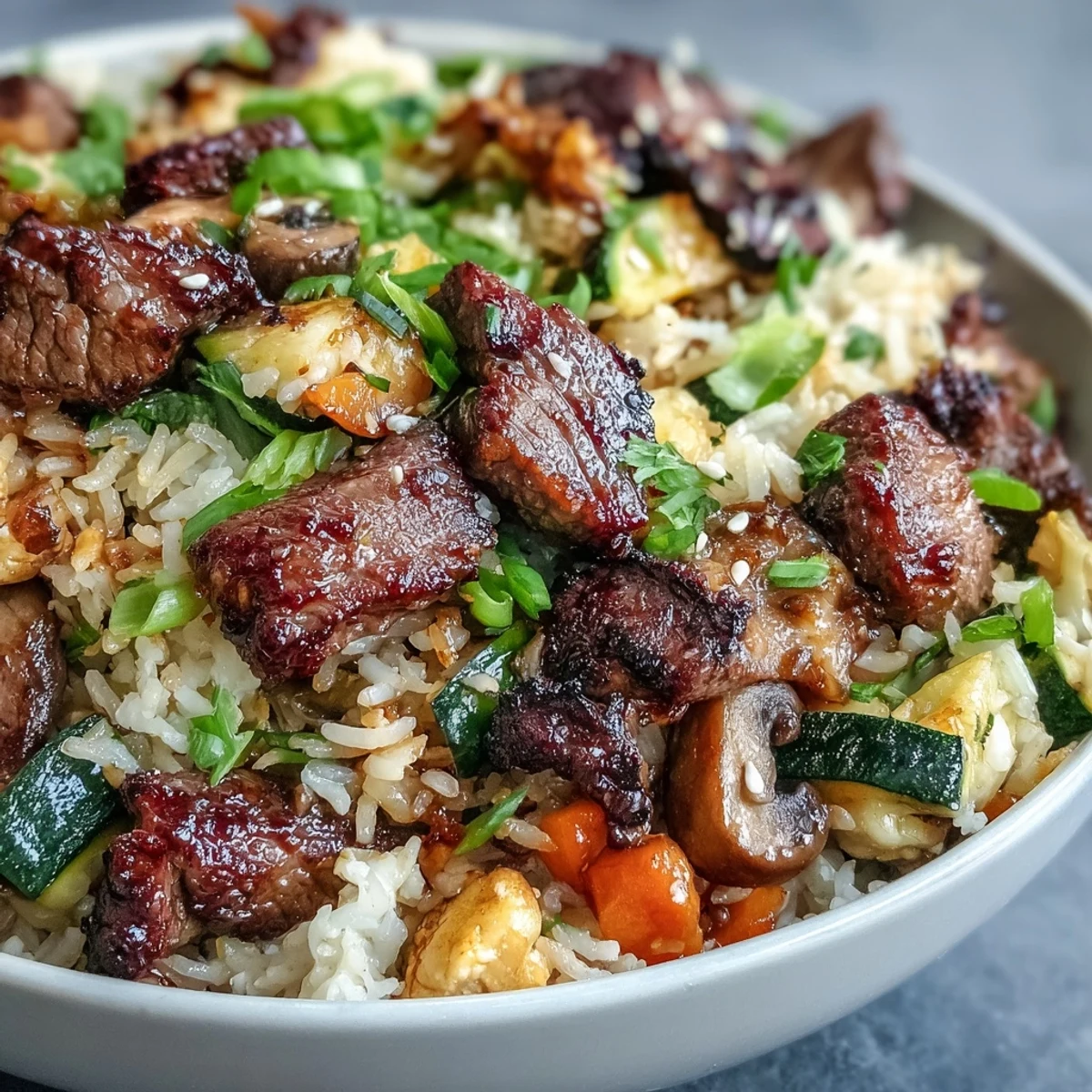 One-pan Easy Hibachi Steak With Fried Rice, colorful veggies, and tender beef.
