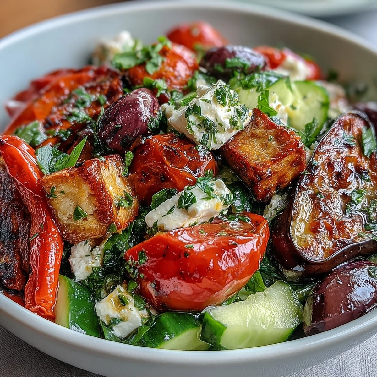 Warm Roasted Greek Salad with vibrant, caramelized vegetables and creamy feta.