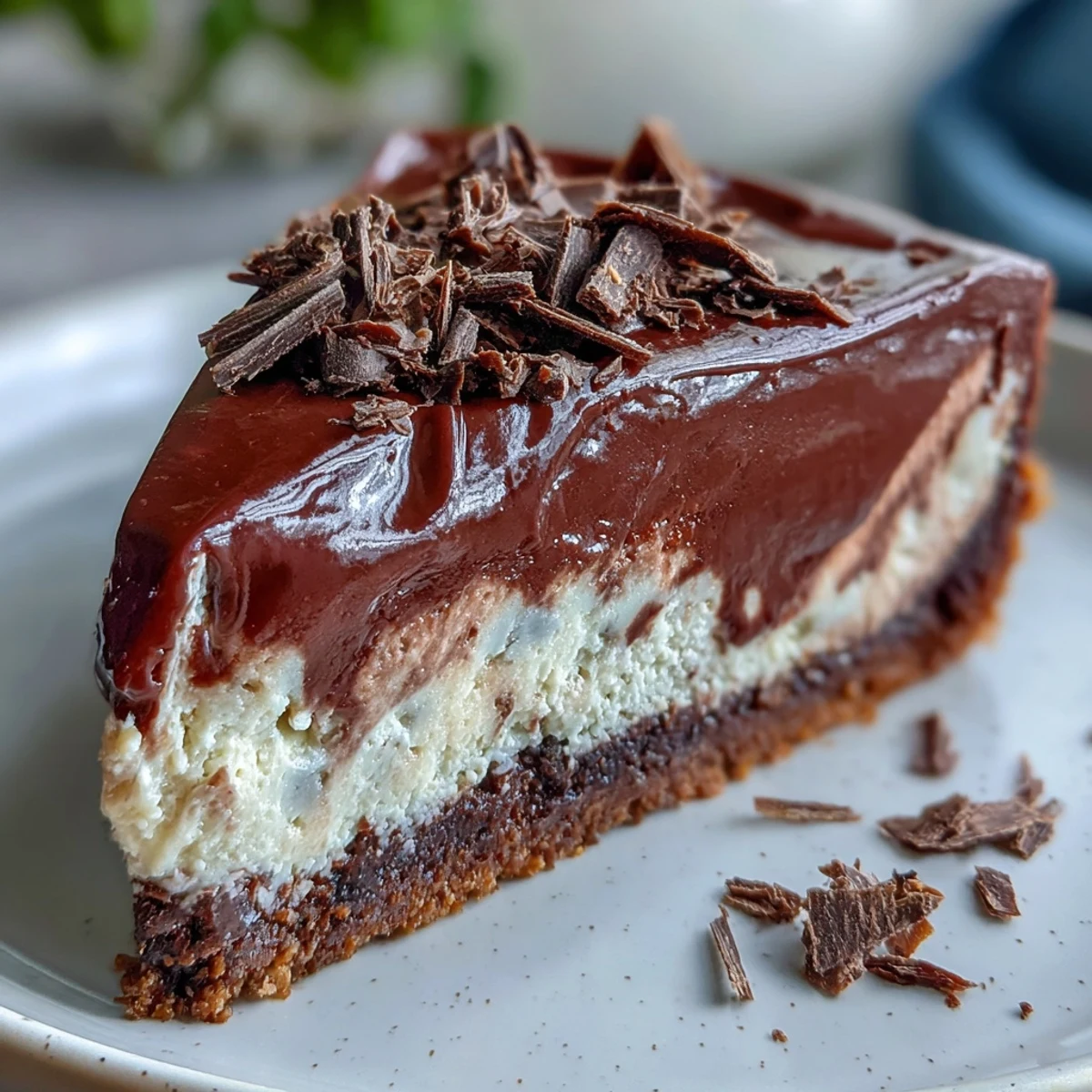 A smooth slice of Lighter Chocolate Cottage Cheese Cheesecake on a white plate, topped with dark chocolate shavings.