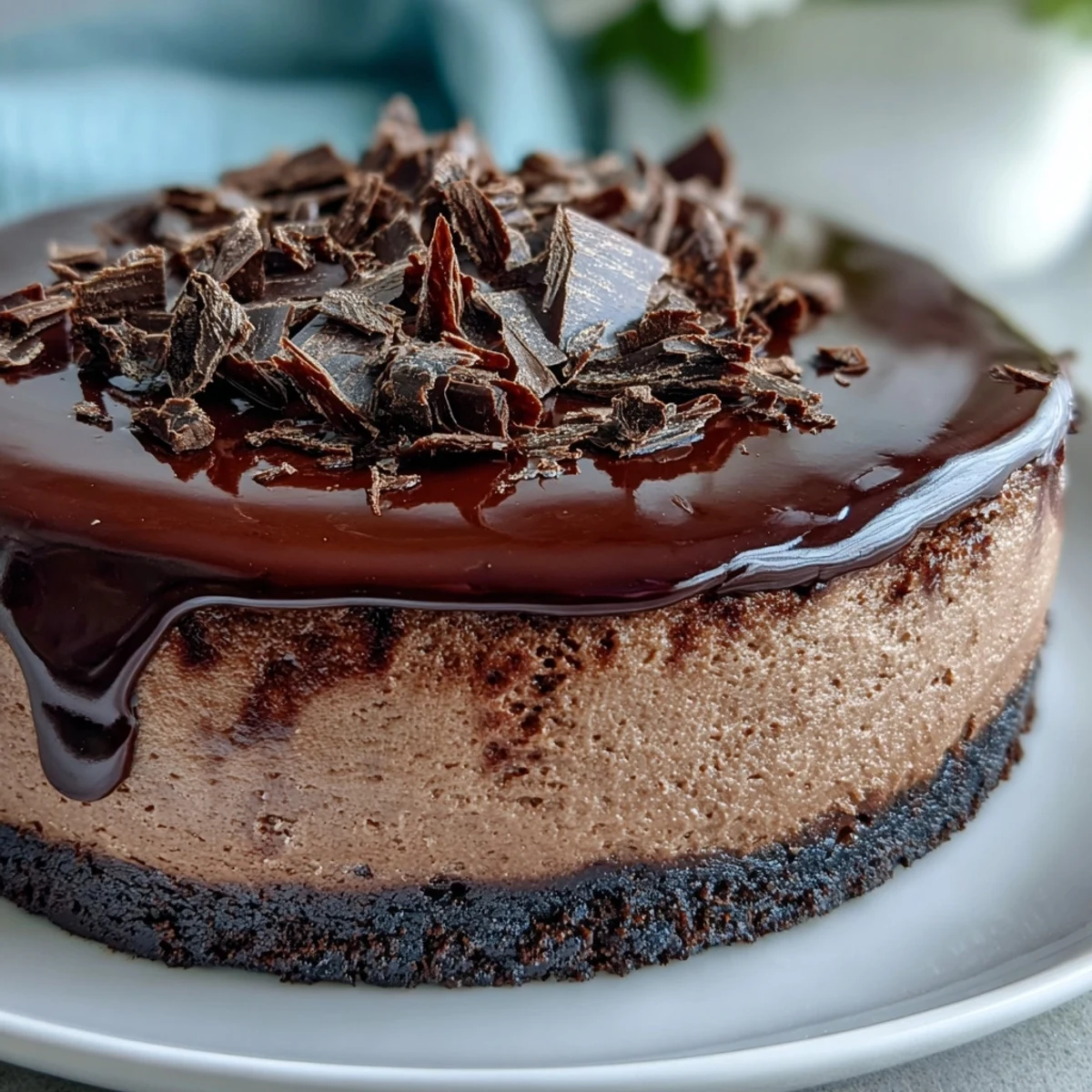A tall wedge of Lighter Chocolate Cottage Cheese Cheesecake beside fresh raspberries and a dollop of Greek yogurt.