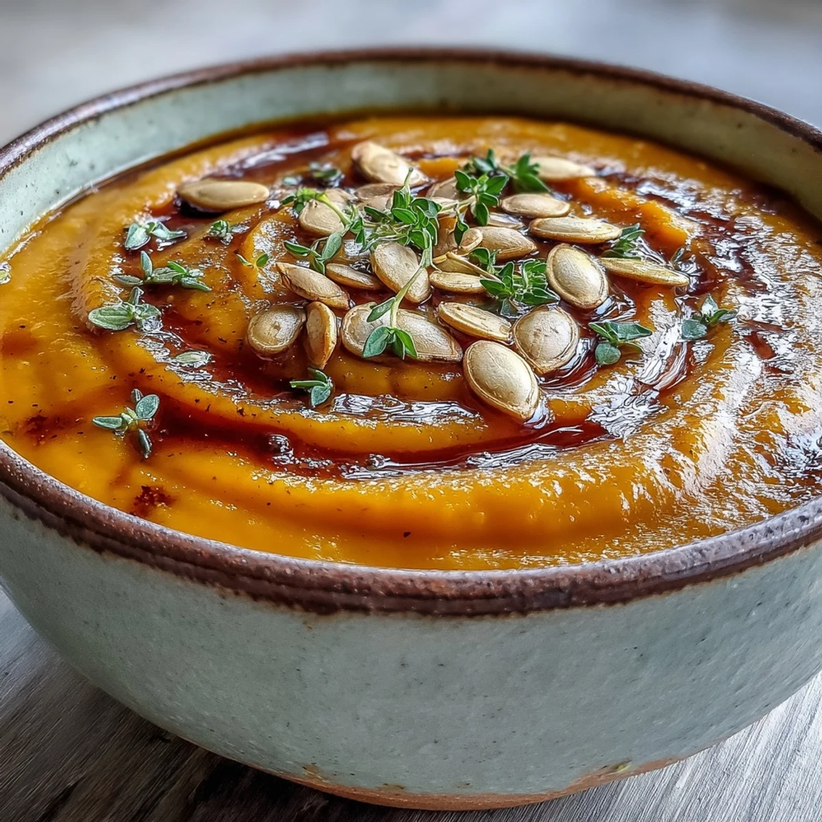 A bowl of golden Butternut Squash Soup, smoothly blended and drizzled with maple syrup for sweetness.