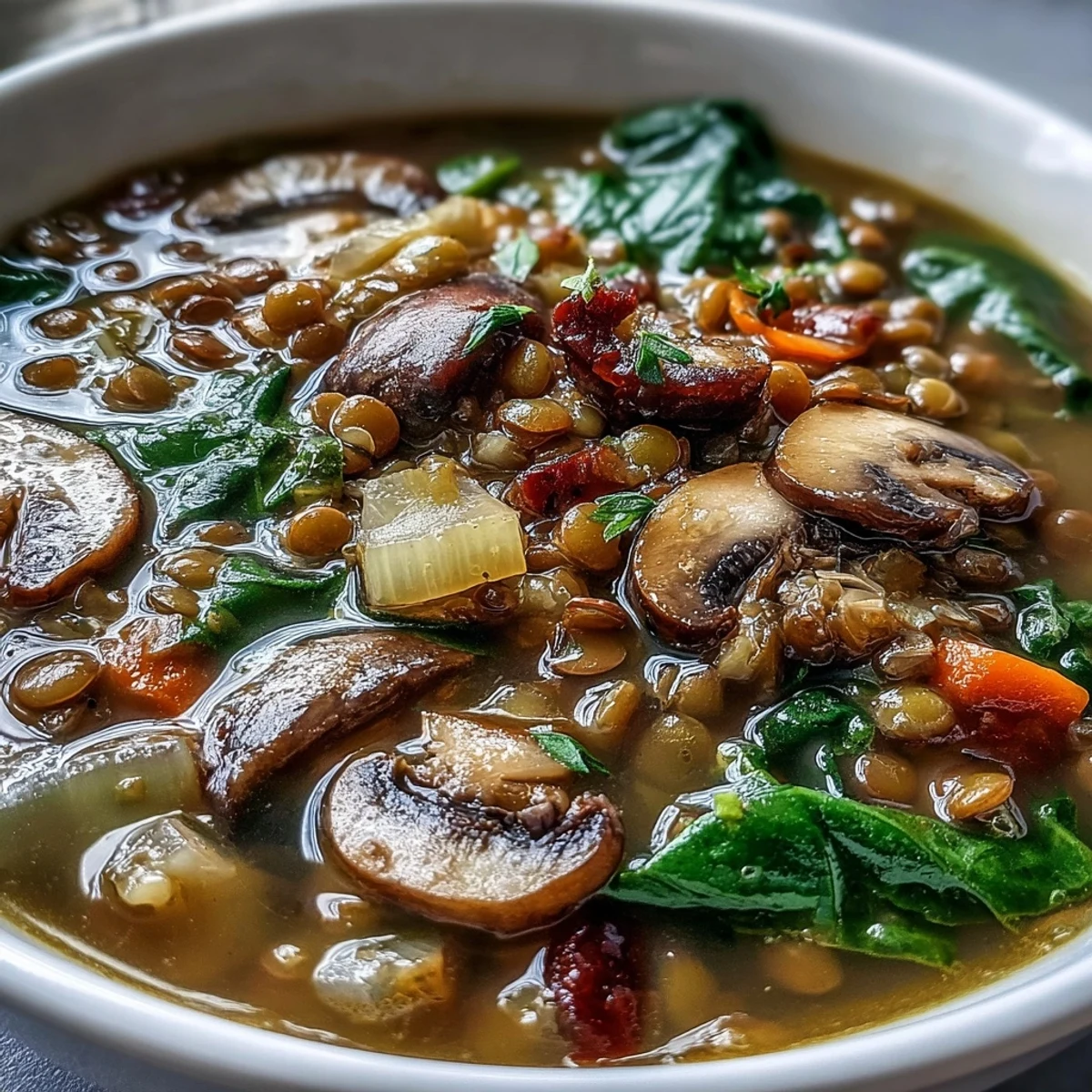 A steaming bowl of Double Lentil and Mushroom Barley Soup garnished with fresh parsley. 