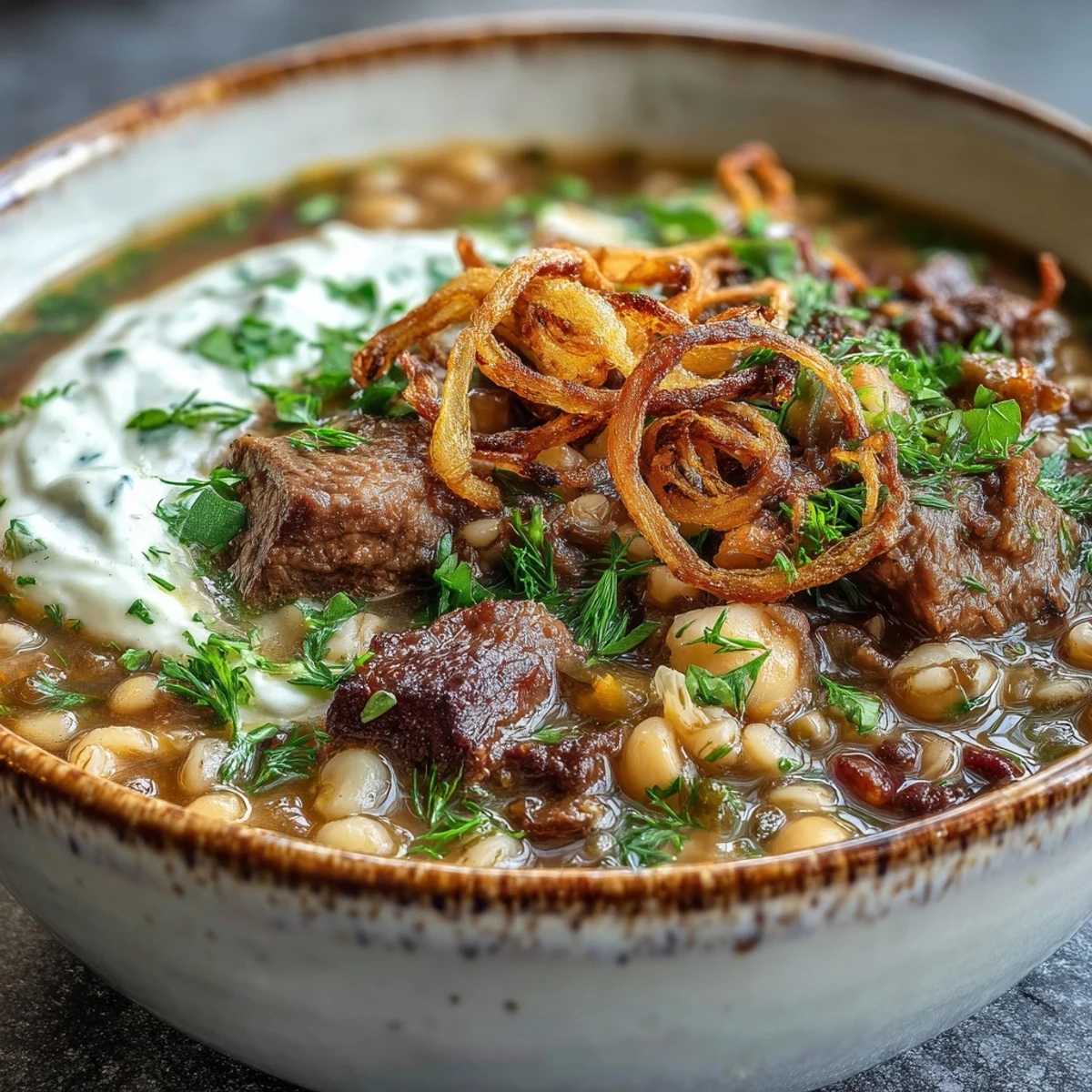 Close-up of hearty Beef Barley Soup featuring tender beef, lentils, and fresh herbs in a rich broth.