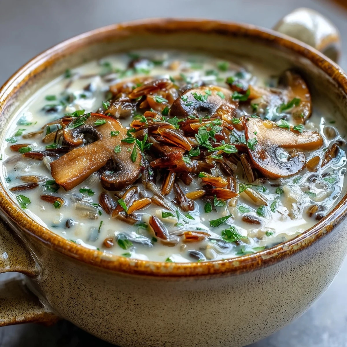 Creamy Wild Rice Mushroom Soup in a rustic bowl, garnished with fresh parsley and black pepper.