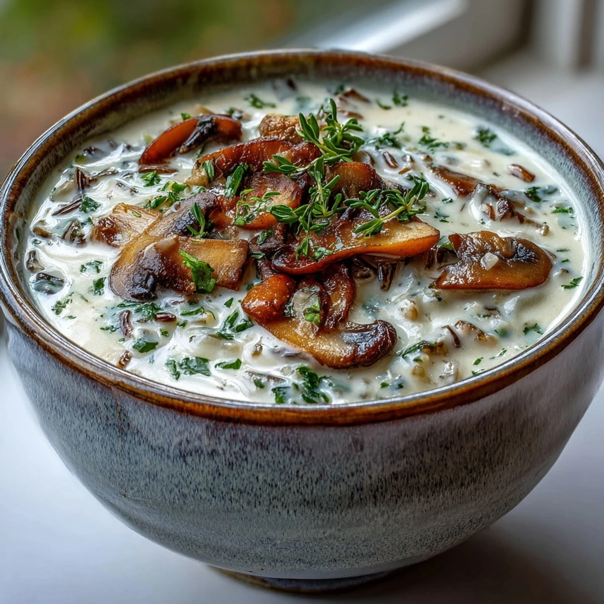 Steaming pot of Wild Rice Mushroom Soup with sautéed mushrooms and herbs, perfect for cold weather.