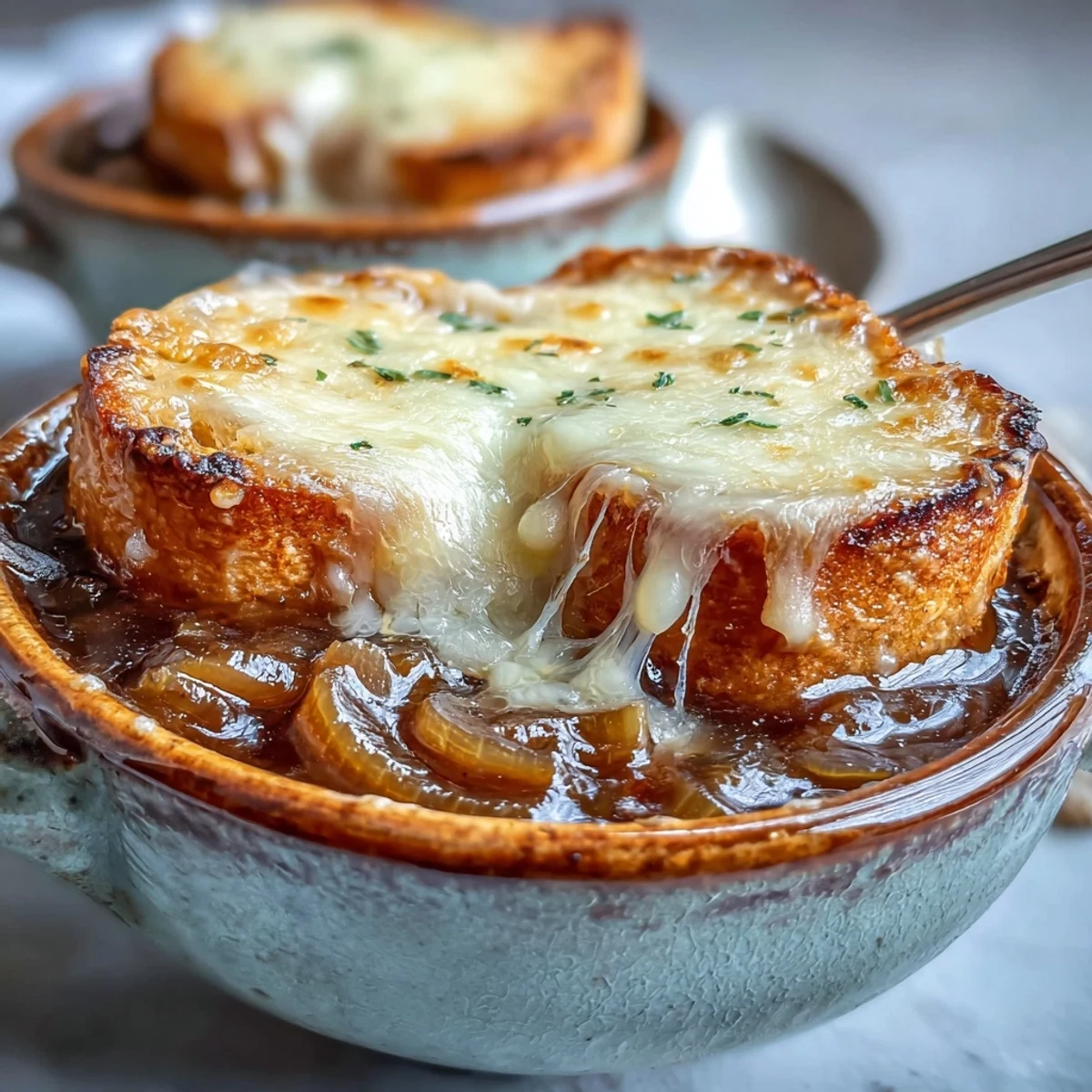 Broiler-browned cheese crust on rich French Onion Soup, served in a rustic ceramic bowl.