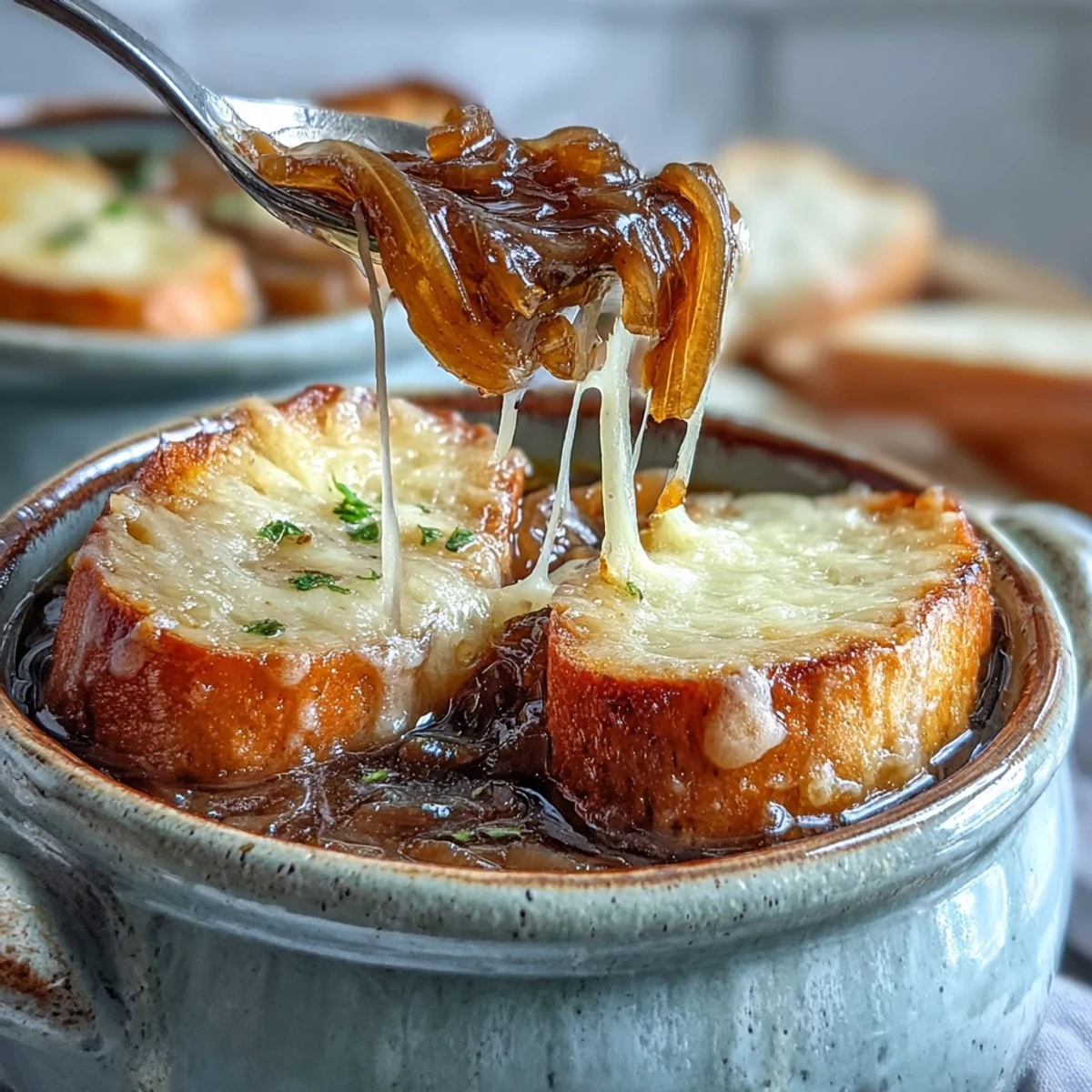 Golden French Onion Soup bubbling in a crock, topped with toasted baguette and melted Gruyère.