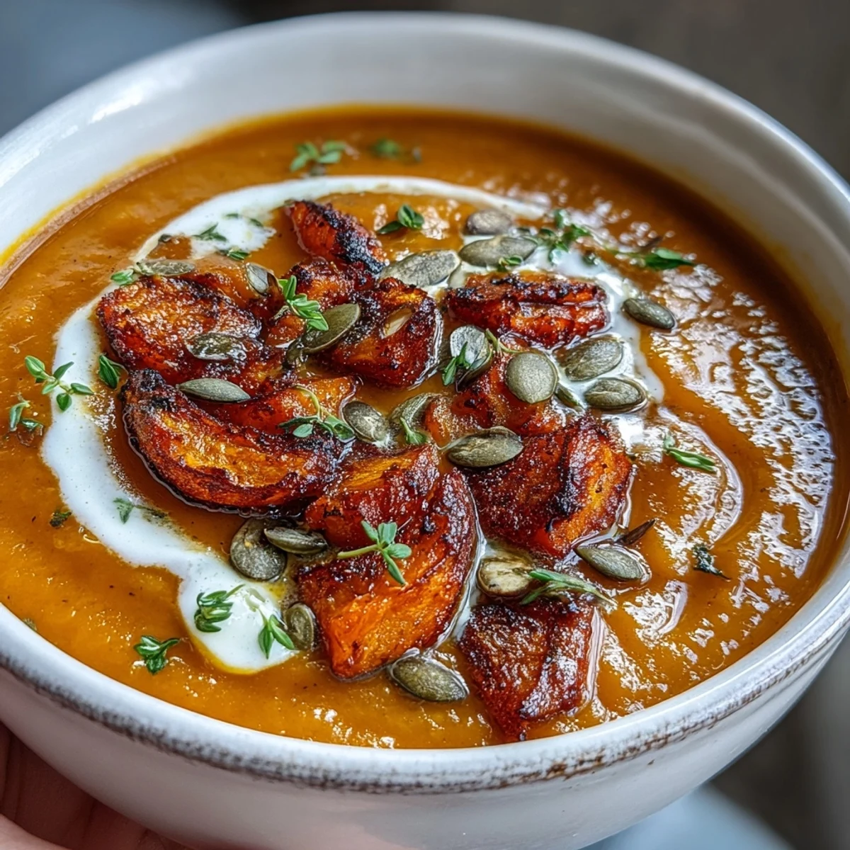 Golden roasted butternut squash soup in a rustic bowl, garnished with thyme and pumpkin seeds.