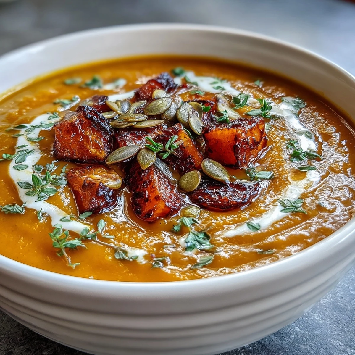 Roasted butternut squash soup blended smooth in a pot with caramelized vegetables and spices.