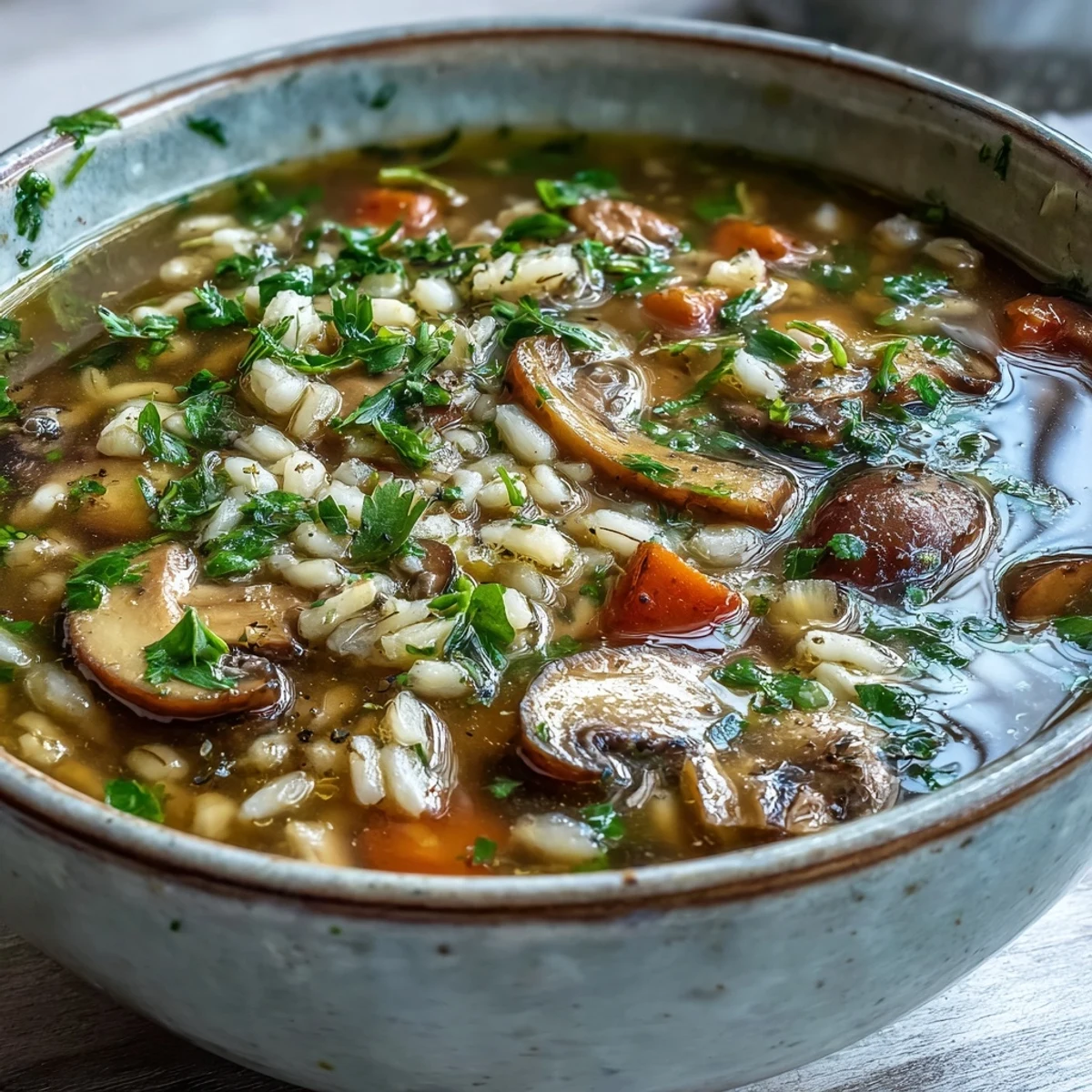 Hearty Mushroom Barley Soup steaming in a rustic bowl, topped with fresh parsley.