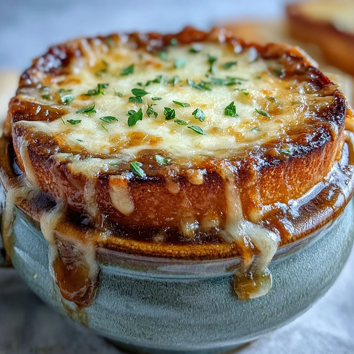 Classic French Onion Soup served in a rustic bowl with toasted bread and melted Gruyère.