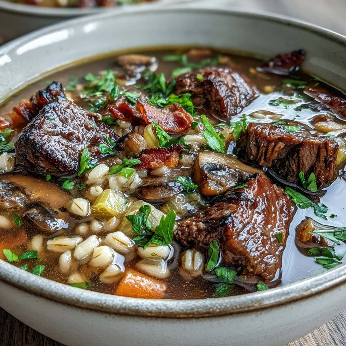 Tender beef and barley simmer in a rich broth with sautéed baby bella mushrooms in this hearty Beef and Barley Soup with Mushrooms. Perfect for a cozy dinner.