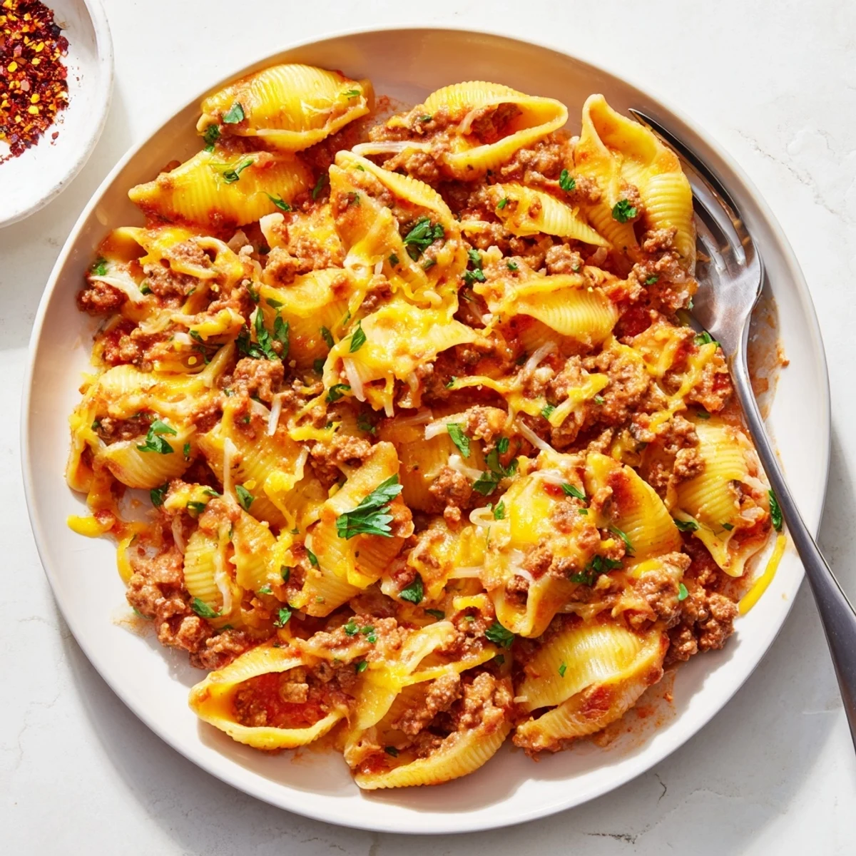 Creamy beef and shells pasta with tender ground beef, rich tomato sauce, and melted cheddar, served steaming in a rustic bowl.  