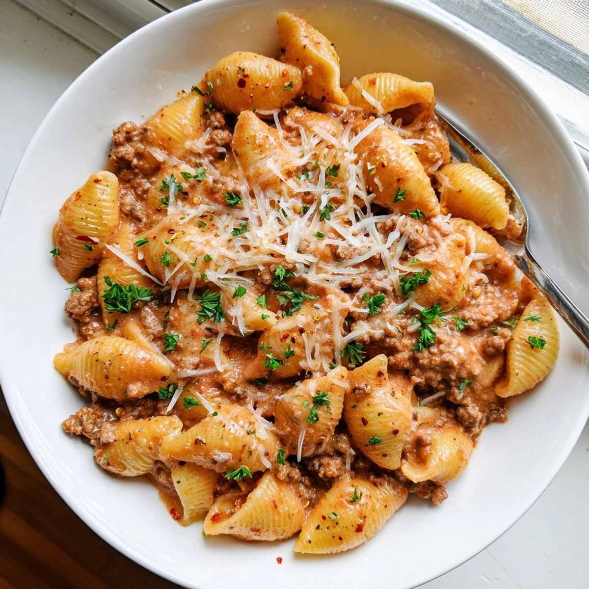 A single skillet of creamy beef and shells with juicy ground beef, pasta shells, and savory tomato cream sauce on a wooden table.