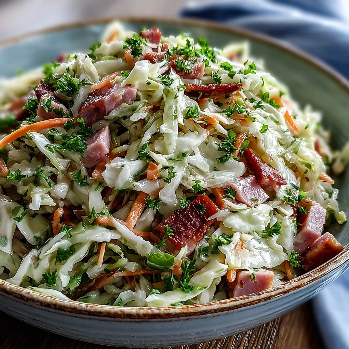 Close-up of crisp shredded cabbage, carrots, and smoked ham coated in a tangy vinaigrette with visible caraway seeds.
