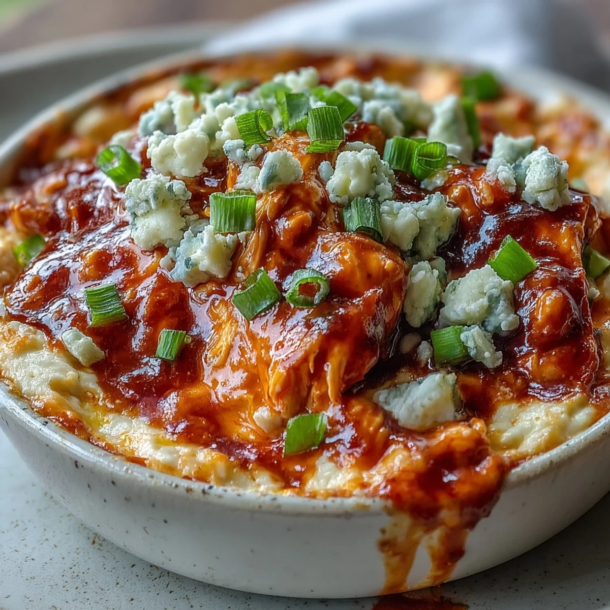 Golden bubbly Buffalo Chicken Dip baked in a casserole dish, topped with melted cheddar and green onions, served with tortilla chips.