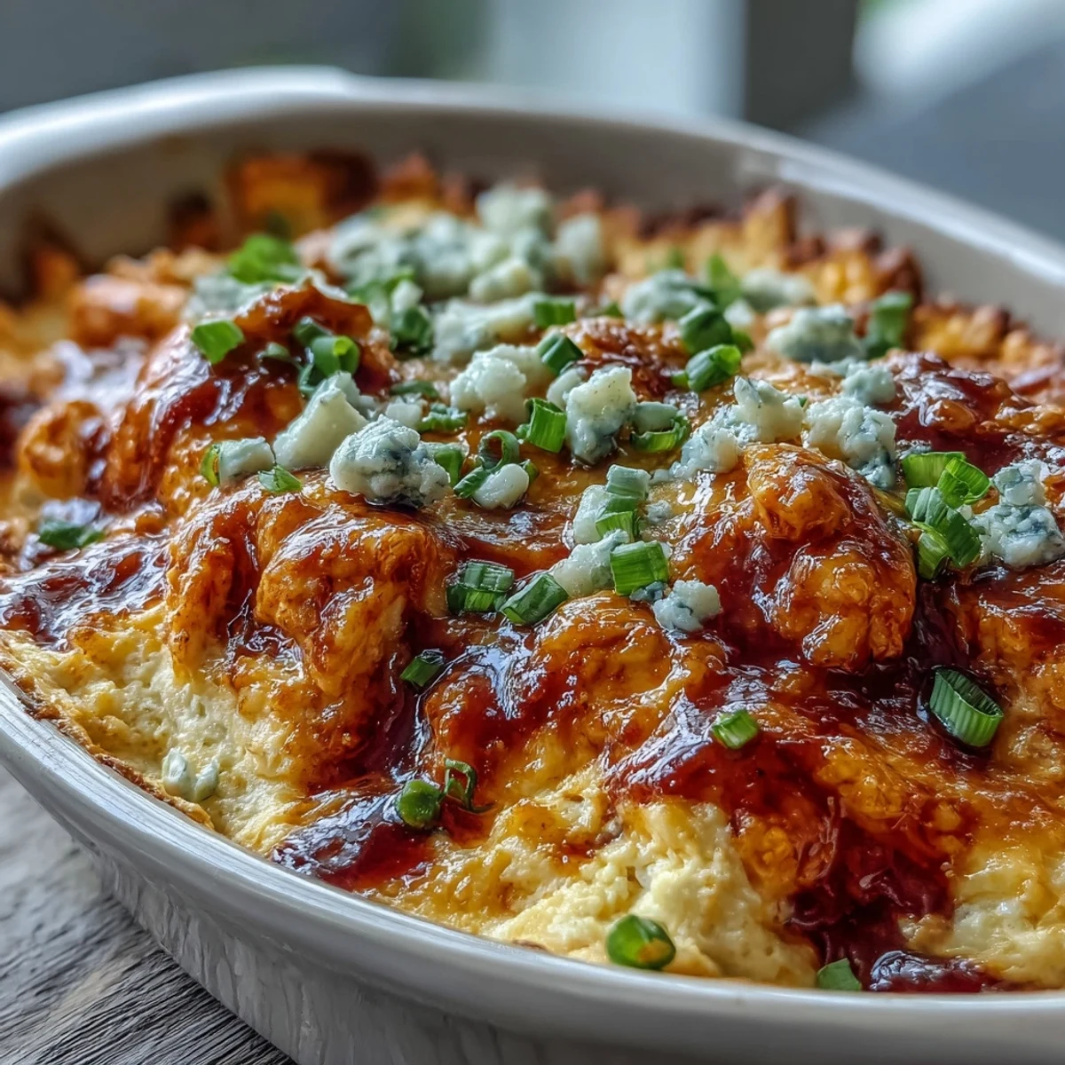 A golden-brown Buffalo Chicken Dip straight from the oven, garnished with fresh green onions, paired with sturdy crackers for perfect party dipping.