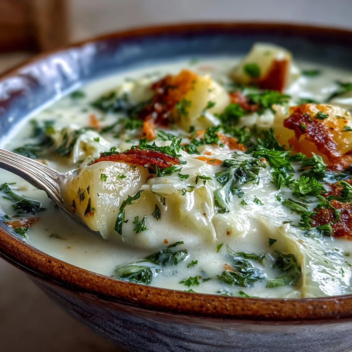 Creamy Potato Soup with Cabbage served hot in a rustic bowl, garnished with parsley and paired with crusty bread for dipping.