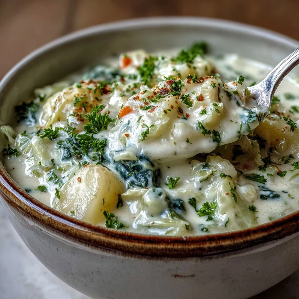 Top-down view of Creamy Potato Soup with Cabbage, ladled into a white bowl and topped with fresh parsley and black pepper.